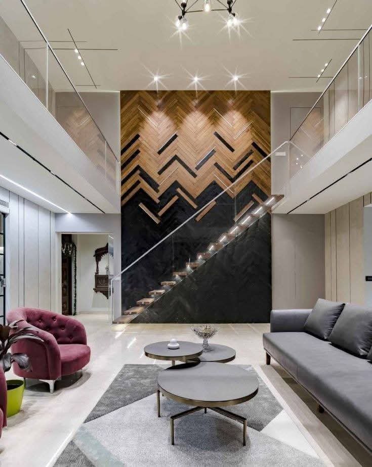Double-height lounge · herringbone wall