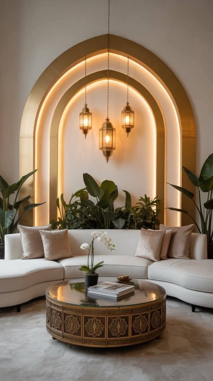 Arched seating lounge · lantern lighting